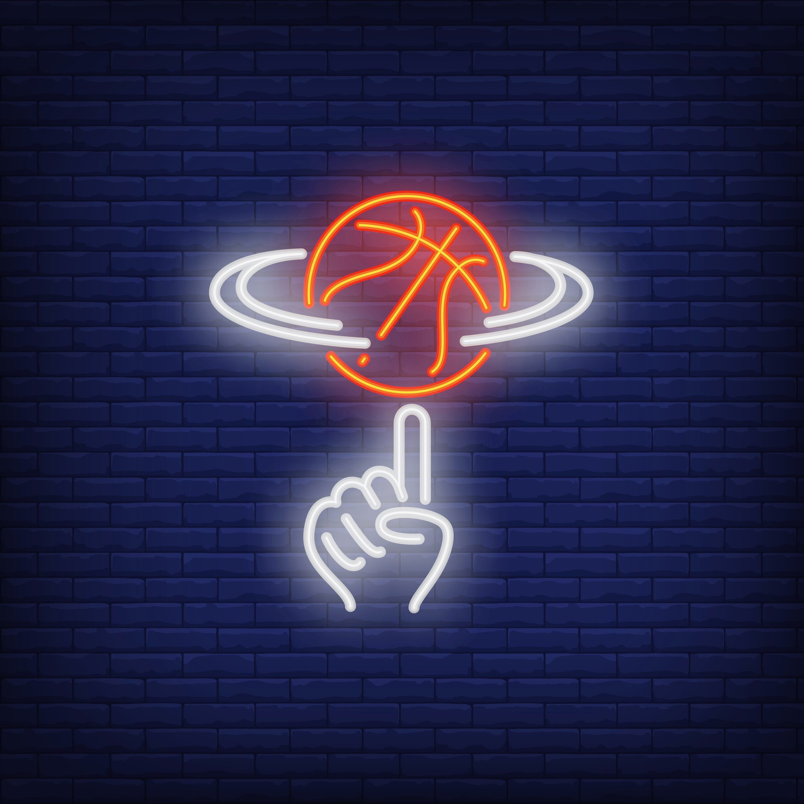 Neon sign of a basketball spinning on a finger.