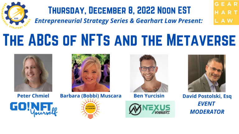 Flyer for 'The ABCs of NFTs and the Metaverse' event with headshots of four speakers.