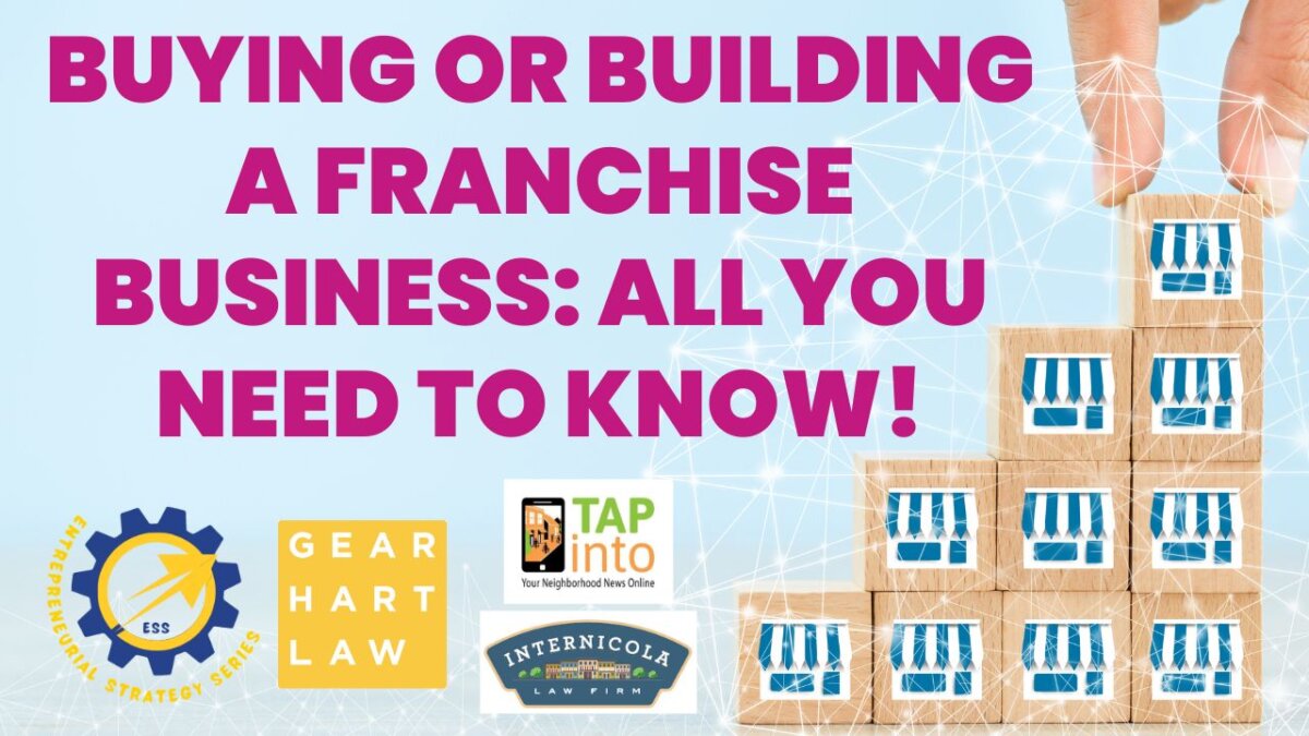 Buying or building a franchise business—webinar poster with stacked storefront blocks