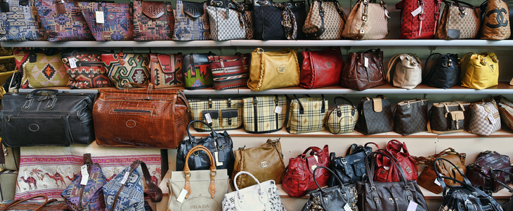 A shop displaying fake designer handbags