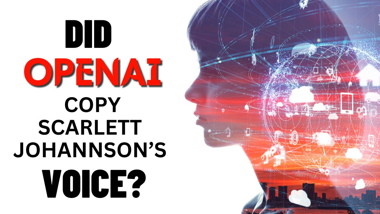 Text graphic asking “Did OpenAI copy Scarlett Johansson’s voice?” beside a woman’s profile overlaid with a glowing digital network and city skyline.