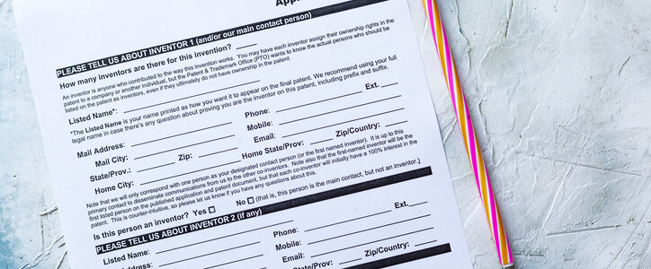 Patent application document on a table