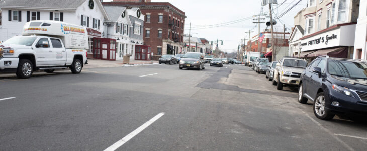 View down Millburn Avenue, with parked cars visible, in the downtown portion of Millburn, New Jersey, December 21, 2016