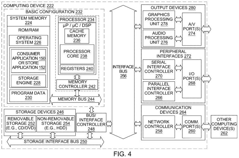 Diagram of a computing device architecture showing memory, processor, storage, interfaces, output, and communication components.