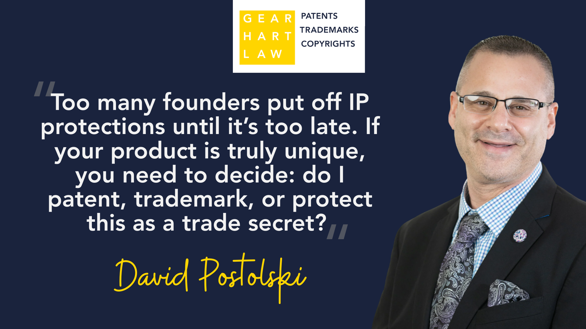 IP protection quote graphic with law firm logo and portrait
