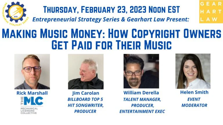 Flyer for a 'Making Music Money' event with headshots of the four speakers.