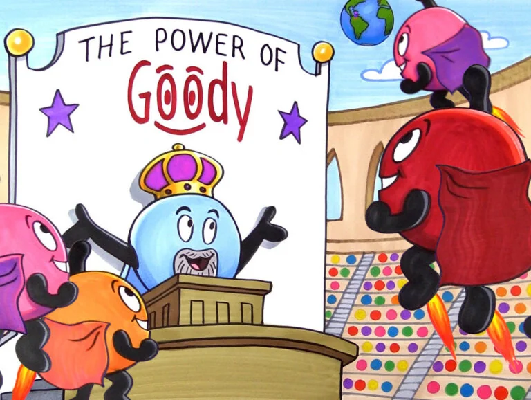 Cartoon banner “The Power of Goody” with a crowned character at a podium and colorful caped creatures flying in an arena.