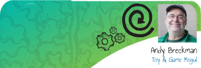 Banner with a green gradient, doodled gears and a spiral, and a smiling man in a cap on the right next to text about a “Toy & Game Mogul.”