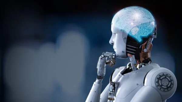 A humanoid robot with a glowing digital brain in a thinking pose.
