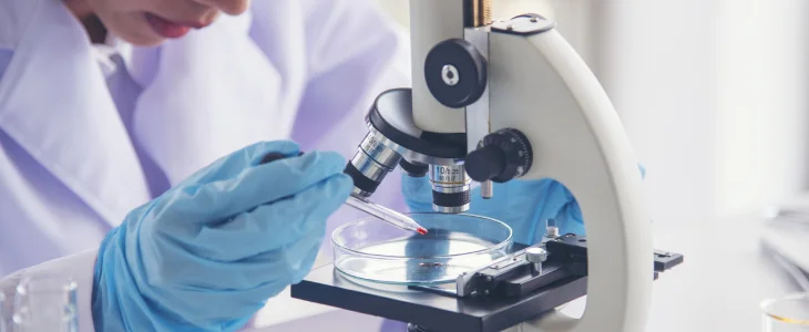 A scientist in a lab coat and gloves uses a pipette and a microscope in a lab.