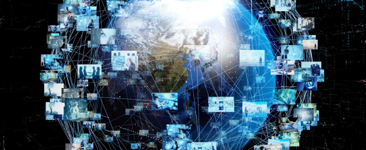 Earth surrounded by connected digital screens and data network lines.