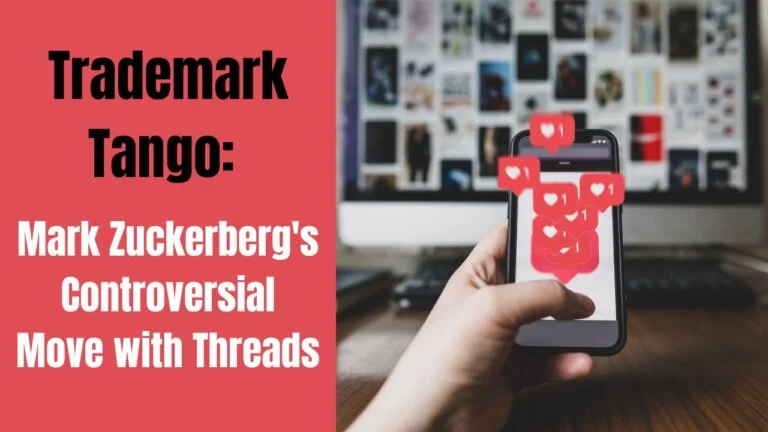 Red poster reads “Trademark Tango: Mark Zuckerberg’s Controversial Move with Threads,” beside a hand holding a phone swarmed by heart notifications in front of a blurred computer screen.