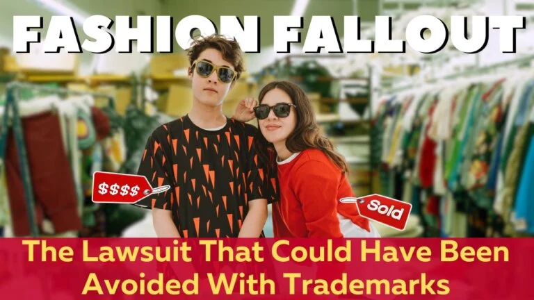 Two models in a clothing store with headline about avoiding trademark lawsuits.