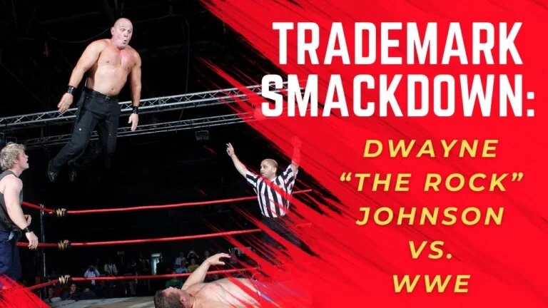 Promo graphic: wrestler mid-air in a ring with referee; bold text reads “Trademark Smackdown: Dwayne ‘The Rock’ Johnson vs. WWE.”