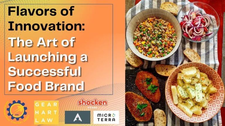 Slide: “Flavors of Innovation — The Art of Launching a Successful Food Brand,” with overhead bowls of salad, potatoes, bread, and cutlets; logos for ESS, Gearhart Law, Shocken Foods, a triangle logo, and MicroTerra.