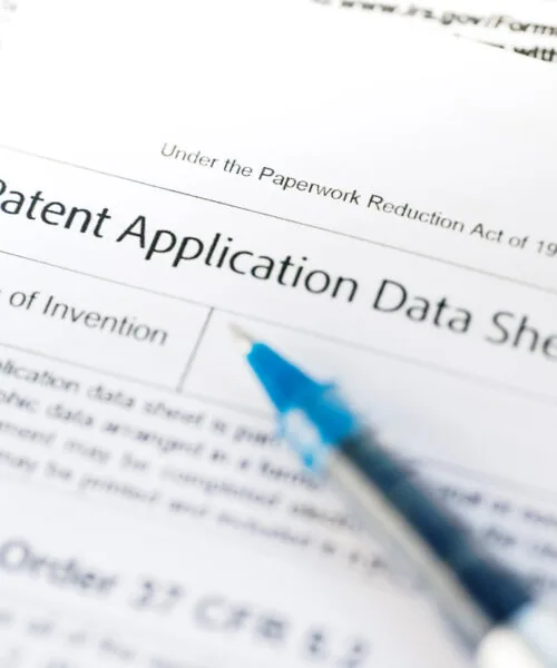 Close-up of a patent application document form